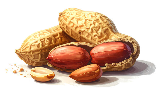 Group of raw peanuts in shells with one cracked open showing red skin nuts.