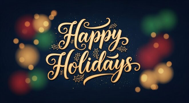 Elegantly scripted "Happy Holidays" calligraphy, bathed in soft, bokeh-blurred festive lights of red, gold, and green.