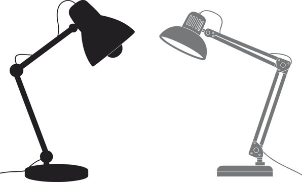 Adjustable desk lamp silhouette and vector outline icons set classic metal architect table lamp isolated