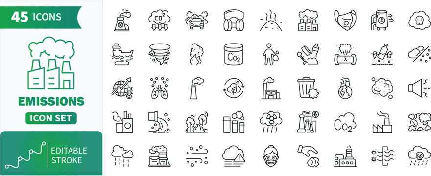 Emissions line icons set with editable stroke. Collection of outline icons depicting environmental pollution, global warming, and related hazards
