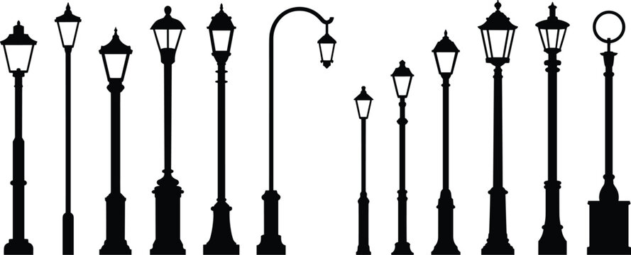 Vintage street lamp post silhouette set retro city lamppost icons collection isolated on white background