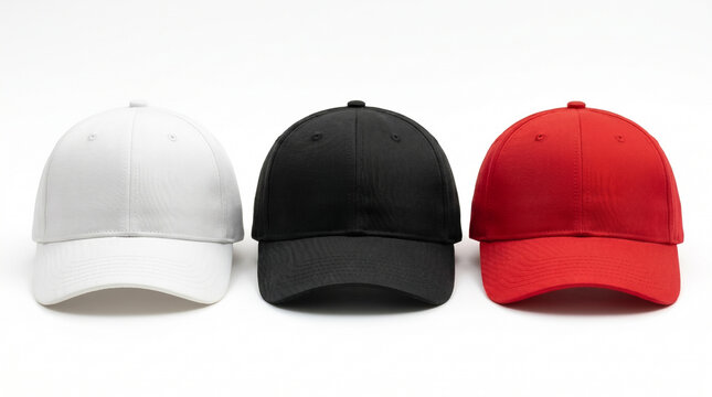 Lined up neatly on a seamless white background, three blank baseball caps in white, black, and red are showcased as a clean product mockup.
