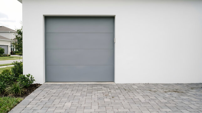 Cinematic photorealistic commercial photography of a modern gray garage door with a paved driveway and green bushes in front of a white house exterior.