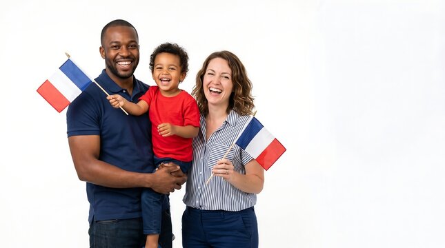Happy multiracial family with a young son holding French flags and smiling together against a white background.