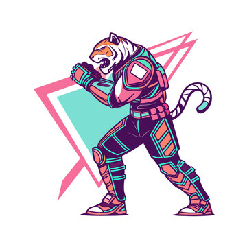 Cyberpunk tiger warrior in fighting stance vector illustration