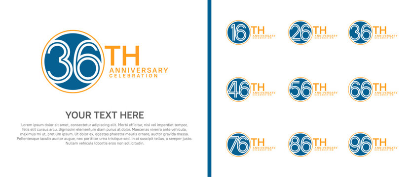 anniversary logo set with circle. blue and orange color on white background for celebration moment
