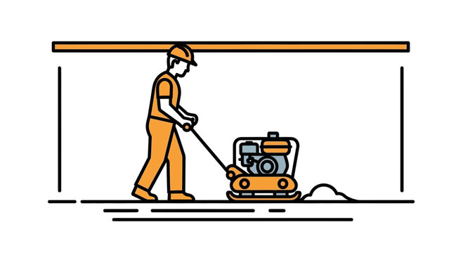 Construction worker compacting ground with plate compactor machine