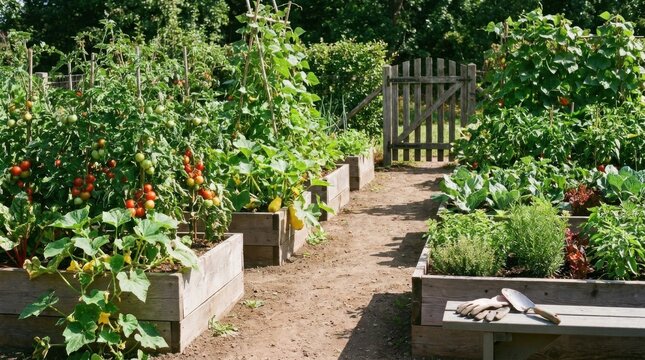 Lush Vegetable Garden Path with Wooden Raised Beds and Gardening Tools