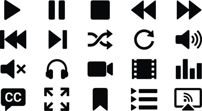 Media player control navigation video player streaming service and audio interface glyph icon set for vector design