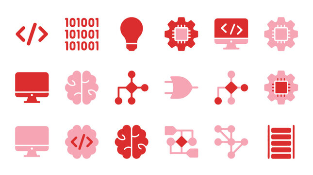 Collection of technology and science icons including binary code, computer, brain, and circuitry.