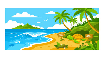 Obraz premium Cartoon tropical beach with turtles and palm trees