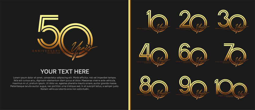 anniversary logo set with handwriting. golden color on black background for celebration moment