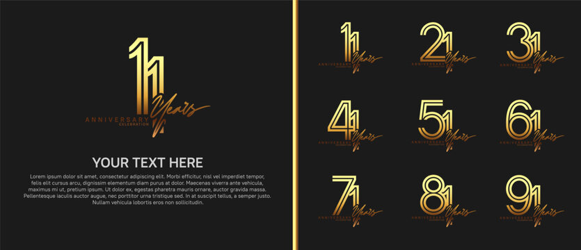 anniversary logo set with handwriting. golden color on black background for celebration moment