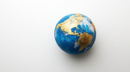 Fototapeta premium A small, blue and gold painted globe sits on a white background.