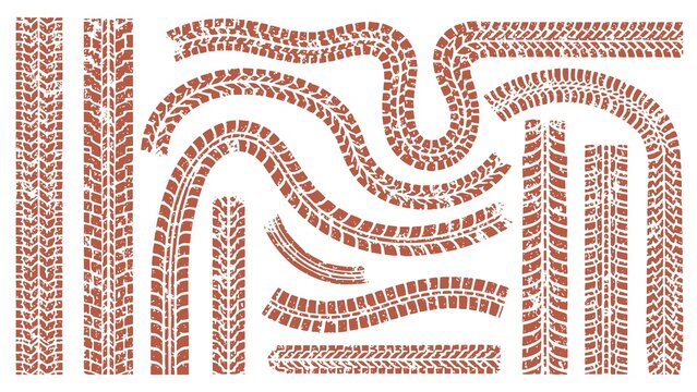 Big set of textured tire tracks. Brown vector prints of wheel treads: straight lines, curves and intersections