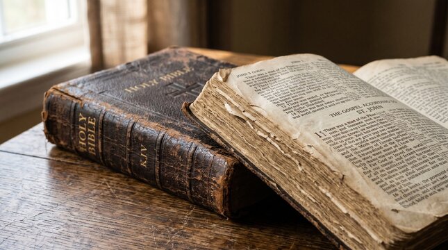 Antique Holy Bible open to the Gospel of John on a wooden table