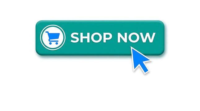 Shop now button with shopping cart icon and mouse cursor isolated on white background