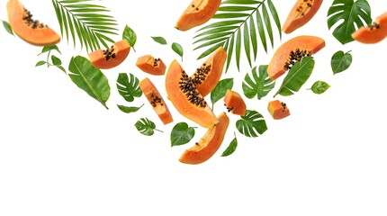 Fototapeta premium Fresh ripe orange papaya slices falling in the air with various tropical green leaves isolated on a white background.