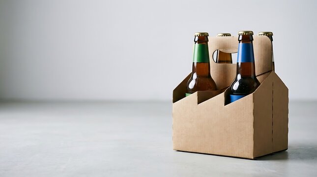 Minimalist six pack cardboard carrier with glass beer bottles