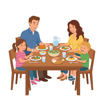 Happy family eating dinner together at wooden table. Parents with children having healthy meal, roast chicken, salad, pasta. Flat vector illustration isolated on white.