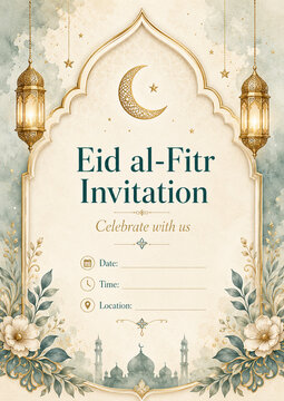 Elegant Eid al Fitr Invitation Template with Gold Lanterns, Crescent Moon and Islamic Arch Design
