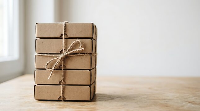 Stack of brown cardboard gift boxes tied with twine on a table