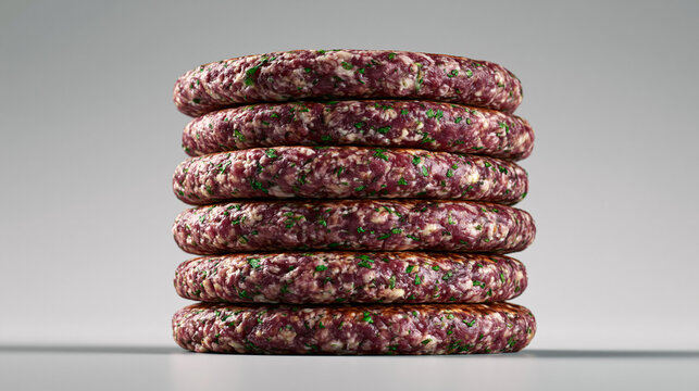 Stack of fresh raw beef burger patties prepared for grilling on grey surface
