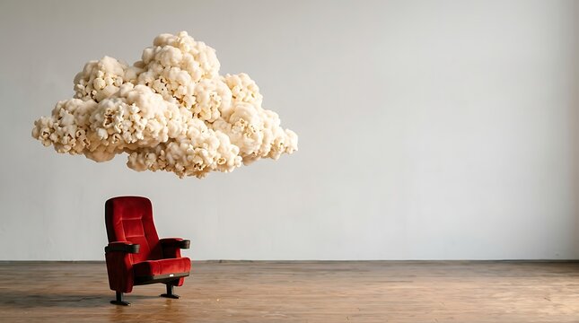 Red theater chair under a floating popcorn cloud in an empty room