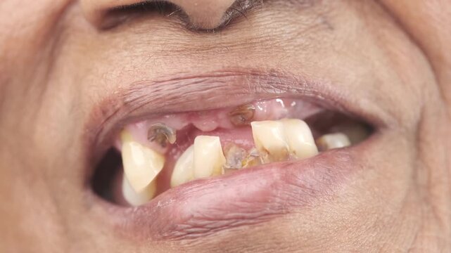 Close up motion footage showing senior woman with visible tooth decay and gum disease highlighting need for dental care