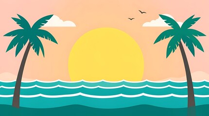 Obraz premium Minimal graphic sunset illustration over turquoise sea and sandy beach