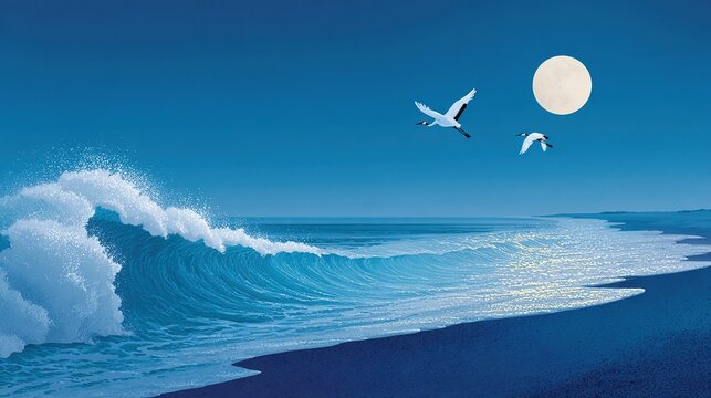 Vertical composition bright full moon in blue sky, calm ocean with S-shaped golden wave, two cranes flying