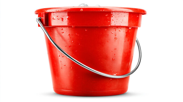 A red plastic bucket with a metal handle isolated on a white background with water