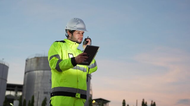 Oil refinery worker coordinating operations via radio communication, Industrial engineer using walkie talkie and tablet at oil refinery plant, Technician reporting progress at oil and gas facility