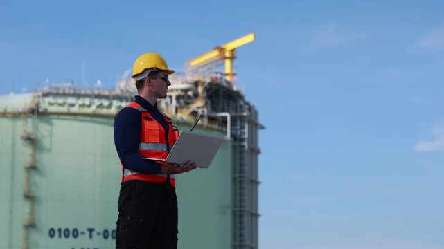Engineer working on laptop at industrial site, Industrial worker in safety gear monitoring oil and gas terminal operations, Portrait of skilled engineer at industrial petrochemical and lng facility	