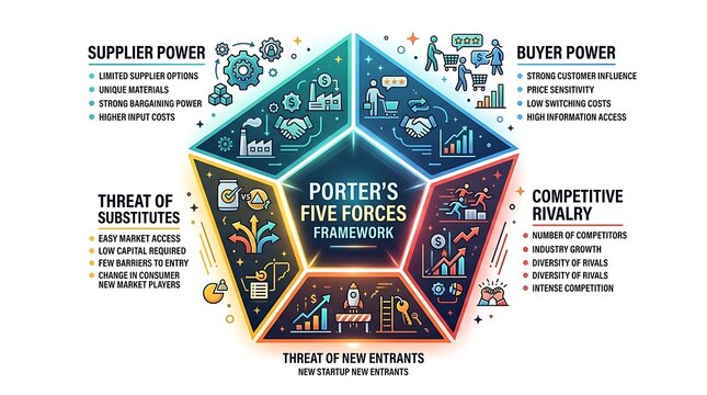 Five forces business framework for market competition analysis