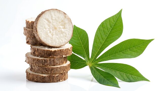 Fresh raw cassava root slices stacked vertically with a vibrant green leaf on a white reflective background.