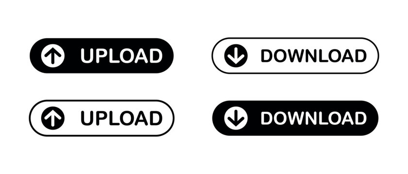 Upload and download button icon set with arrow symbols for website interface navigation and digital data transfer