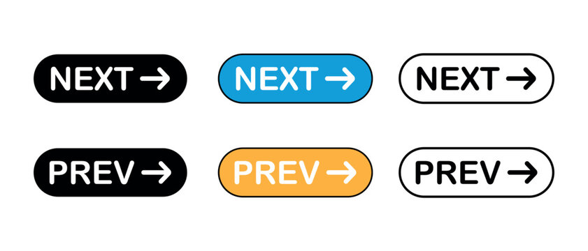 Next and previous button icon set with black blue yellow solid outline rounded rectangle navigation vector design elements