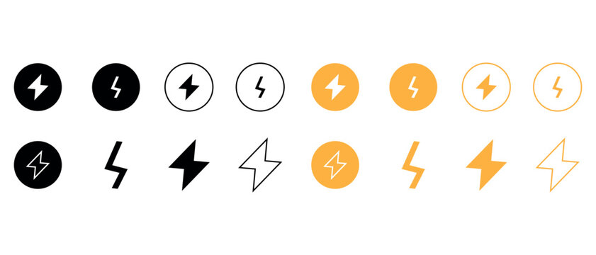 Lightning bolt icon set with flat yellow and black power flash charging energy outline solid circle button symbols