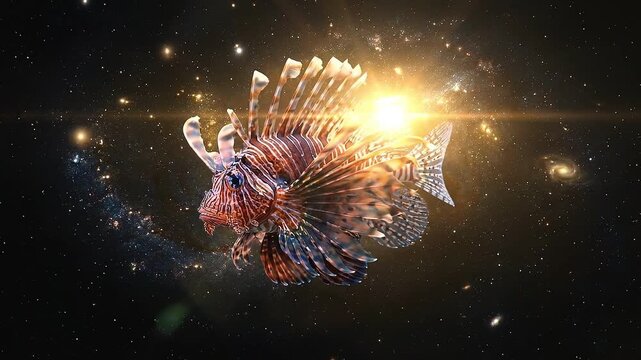 Glowing Lionfish Hovering in Zero Gravity Cosmic Space