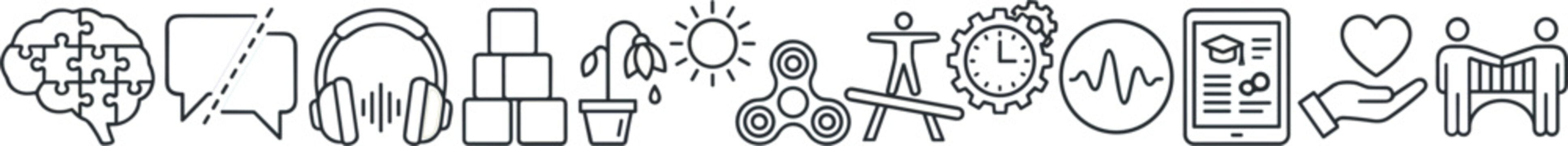 Autism awareness neurodiversity and mental health care line icons banner for medical therapy graphics design