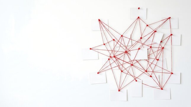 Complex network of red string connecting blank white cards on wall representing investigation and connectivity