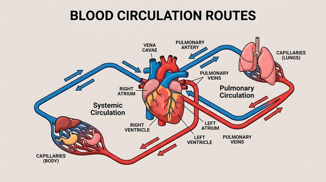 Human blood circulation diagram showing systemic and pulmonary routes