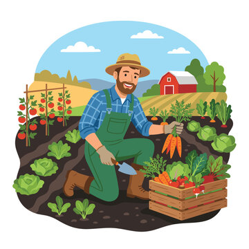 Happy male farmer harvesting fresh vegetables in garden. Man kneeling in farm field holding carrots next to wooden crate with tomatoes and lettuce. Flat vector illustration.