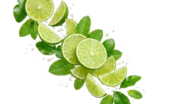 Fresh green lime slices and mint leaves with water splashes flying in the air isolated on a white background.