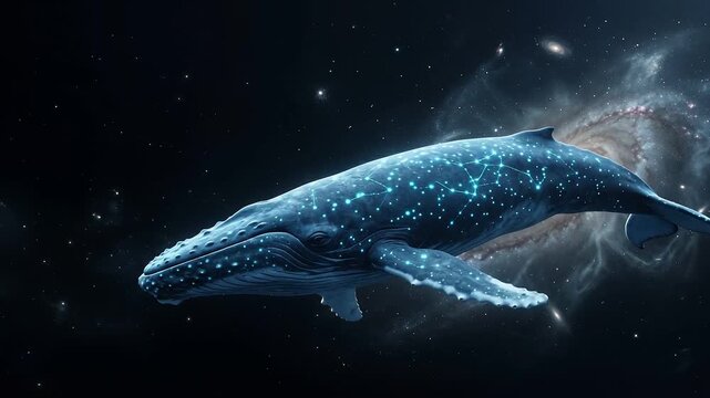 Bioluminescent Starry Blue Whale Swimming in Zero Gravity
