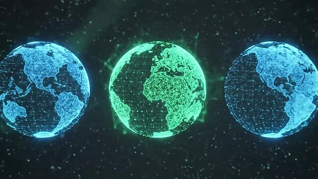Multiple glowing digital Earth globes illustrate global network connections