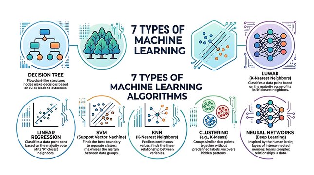 Types of machine learning algorithms explained with colorful icons