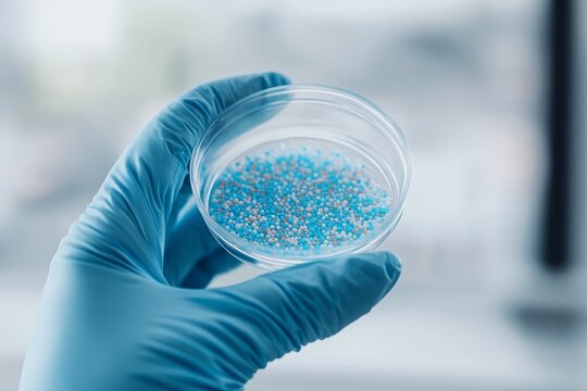 Discovering Microplastic Pollution: Scientist Examining Colorful Petri Dish Containing Microplastics
