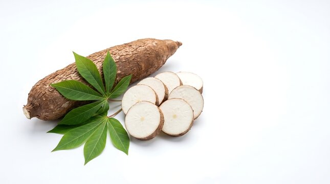 Fresh whole and sliced cassava root with green leaves isolated on a white background